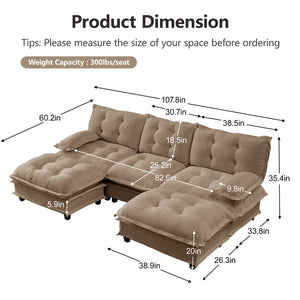 English Elm 107" U Shaped Chenille Sectional Cloud Sofa with Ottomans Deep Seat Modular Living Room Light Coffee W714S01709