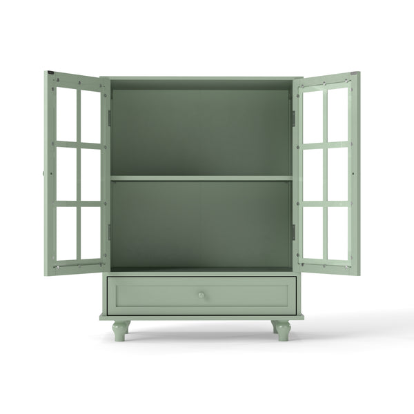 English Elm Minimalism Mint Green Buffet Cabinet with Tempered Glass Doors, Solid Wood Legs, Adjustable Shelves & Drawer (Classic Vintage) W2557P262926