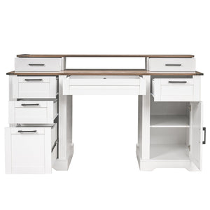 English Elm 59" Fluted Oak L-shaped Corner Desk with Charging Station Monitor Stand and File Storage White W2917S00006