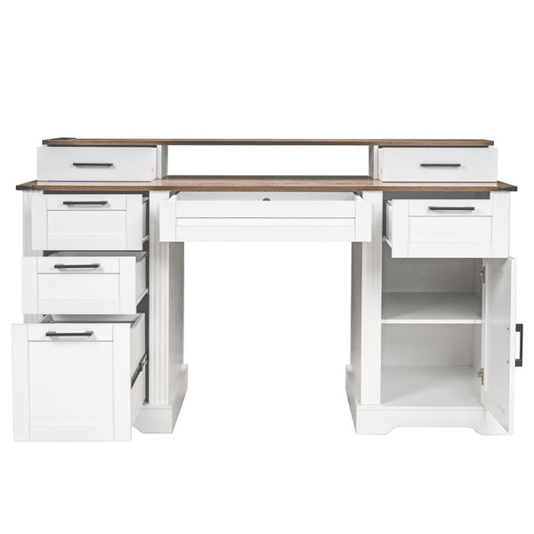 English Elm 59" Fluted Oak L-shaped Corner Desk with Charging Station Monitor Stand and File Storage White W2917S00006