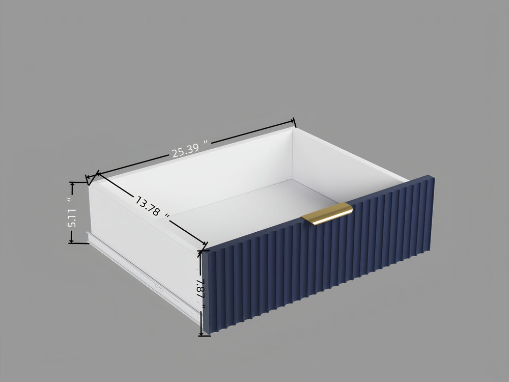 English Elm DFW 3 Drawer Dresser White Navy Blue - Fluted Modern Nightstand with Smooth Drawers & Metal Legs W2301P301004