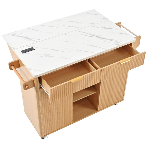 English Elm K&k Fluted Rolling Kitchen Island Faux Marble Top Power Outlet Drop Leaf Storage Natural N707S000019Y