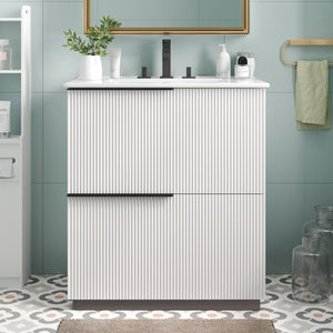 English Elm Christopher Knight Home® - 30" Elegant Bathroom Vanity With Fluted Design, Ceramic Sink, Full-Extension Drawers & Soft-Close Slides N817P295760W