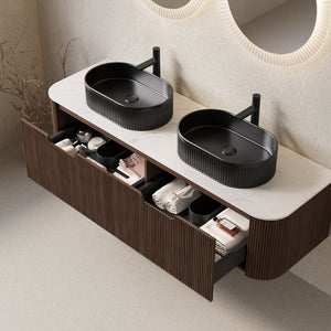 English Elm Dina 60 Inch Floating Bathroom Vanity Sintered Stone Top Dual Glass Basins Wood Grain Black + Dark Walnut,Carrara White W2615S00204