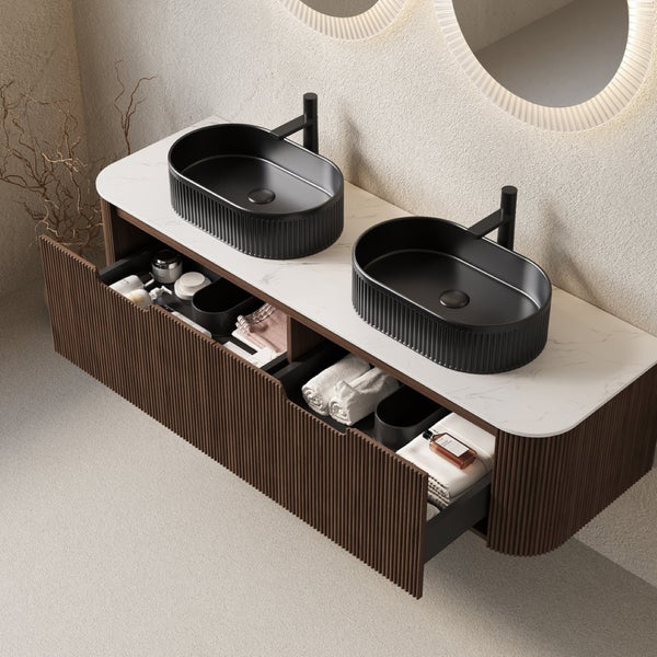 English Elm Dina 60 Inch Floating Bathroom Vanity Sintered Stone Top Dual Glass Basins Wood Grain Black + Dark Walnut,Carrara White W2615S00204