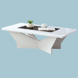 English Elm White glossy end table with geometric base and black tempered glass insert for modern statement decor White 52 L x 32 W x 5 H B2741P362596