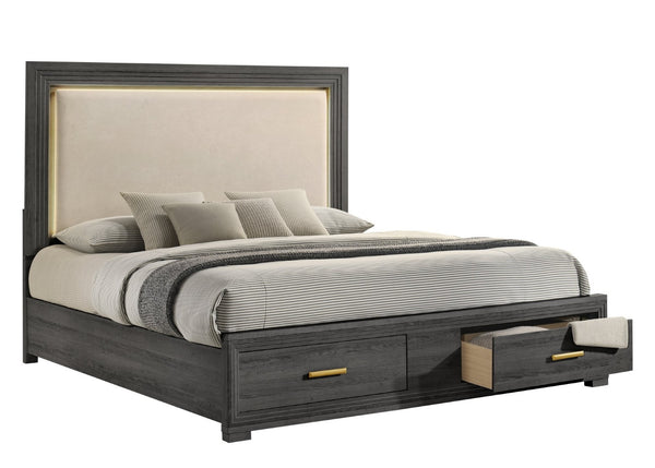 English Elm Colorado King Bedroom Set with Led Upholstered Headboard and Charcoal Wood Finish B009S02323