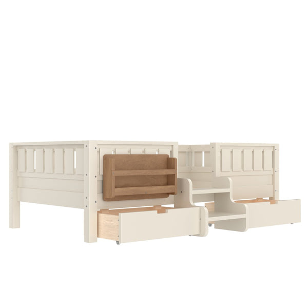 English Elm Twin Kids Storage Bed with Bookshelf Headboard Safety Staircase and Under Drawers Beige W1580P379183