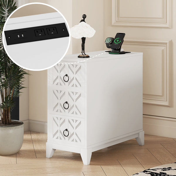 English Elm End Table With 3 Drawers And 2 Open Shelves - Stylish Corner Side Table With Charging Ports In White W2593P289147