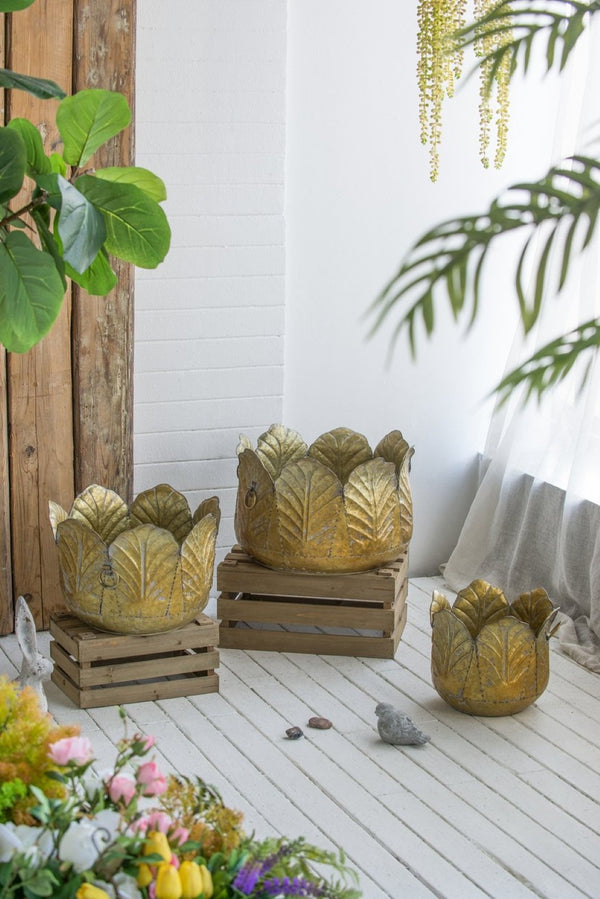 English Elm Set of 3 Zinc Metal Planters with Distressed Golden Finish for Indoor Outdoor Display W2078P499530