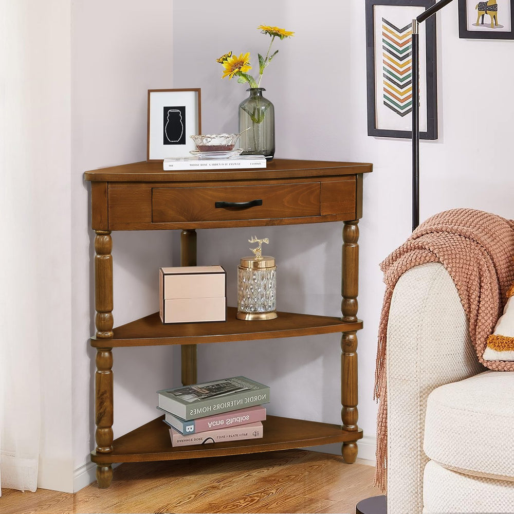 English Elm 33.8'' Small Triangle Corner Table with Solid Wood Legs, Waterproof MDF Top, Rounded Corners, 3-Tier Storage, Rustic Brown W1202P199465