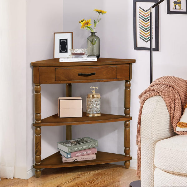 English Elm 33.8'' Small Triangle Corner Table with Solid Wood Legs, Waterproof MDF Top, Rounded Corners, 3-Tier Storage, Rustic Brown W1202P199465