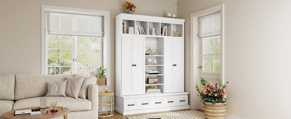 English Elm VIBE Hall Tree with Bench and Cabinets for Entryway — Adjustable Shelves, Drawers, Sturdy MDF Organizer White SJ000139AAK