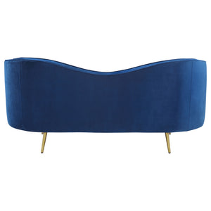 English Elm Marsden Blue Velvet Loveseat with Vertical Channel Tufting, Inverted Camelback Silhouette & Gold Legs B062P357778