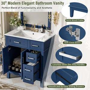 English Elm 30" Freestanding Bathroom Vanity Ceramic Sink Soft Close Cabinet Gray Wood Frame Blue N729P427118C