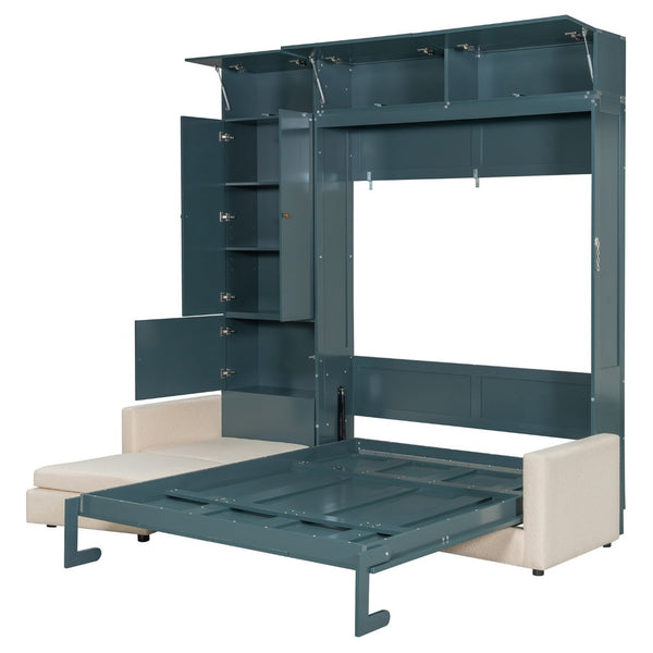 English Elm Queen Murphy Bed with L-shaped Velvet Sofa Storage Cabinets for Studio Living Green LP000765AAA-1