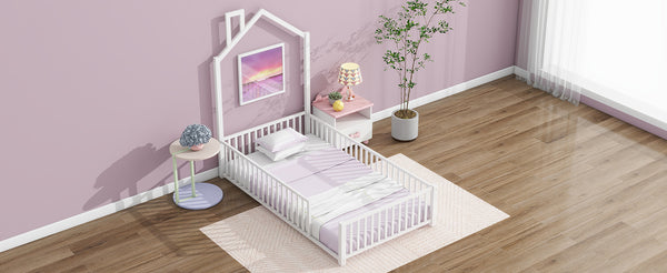 English Elm Twin House Metal Platform Bed with Guardrail & Chimney, White — Kids Playful Frame, Safe Sleep Design N709P203151K