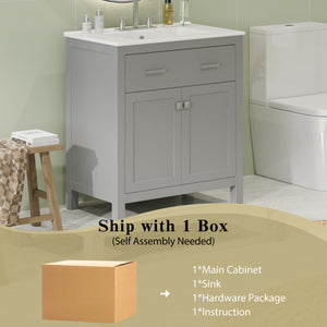 English Elm 30" Modern Bathroom Vanity with Ceramic Sink and Soft-Close Doors, Solid Wood MDF Build, Sleek Handles Gray N729P263155E