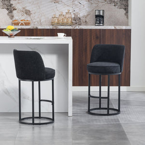 English Elm Counter Height Barstools Set of 2 Linen Upholstered Barrel Seat with Iron Legs Black W395P410438