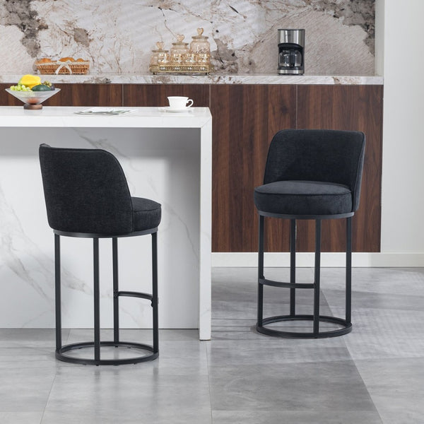 English Elm Counter Height Barstools Set of 2 Linen Upholstered Barrel Seat with Iron Legs Black W395P410438