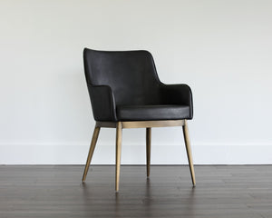 Sunpan Franklin Dining Armchair - Elegant Barrel Back Design with Antique Brass Frame for Modern Spaces Vintage Black