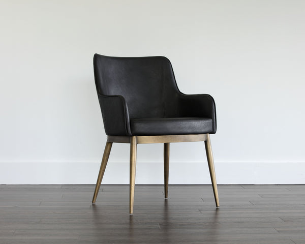 Sunpan Franklin Dining Armchair - Elegant Barrel Back Design with Antique Brass Frame for Modern Spaces Vintage Black