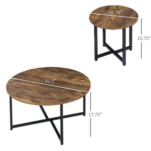 English Elm HOMCOM Modern Round 32" Coffee Table with Wood Grain Top and Black Metal Frame, Durable & Versatile Rustic Brown W2225P217460