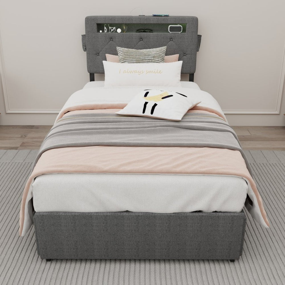 English Elm Twin Storage Platform Bed with Rgb Led Headboard Usb Charging and Four Drawers W1960P175562