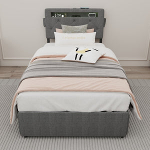 English Elm Twin Storage Platform Bed with Rgb Led Headboard Usb Charging and Four Drawers W1960P175562
