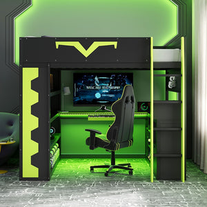 English Elm Full Size Gaming Loft Bed with Desk Rgb Lighting Power Outlet and Storage Drawer Green LT000285AAF
