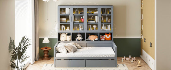 English Elm Twin Size Wooden Daybed With Stylish Glass Cabinets, Led Lighting & Open Shelves For Modern Spaces N820S00050E-GIGA