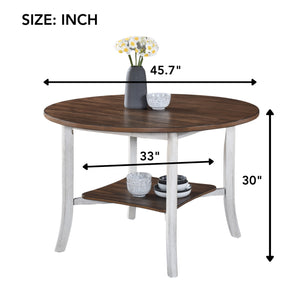 English Elm 45.7" Round Dining Table with Lower Shelf, Modern Farmhouse Charm, Rustic Dark Top, Sturdy Design W2537P211104