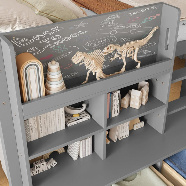 English Elm Twin Xl Low Loft Bed with Curtain Hideaway Chalkboard and Built-in Storage Shelves W1580S00400