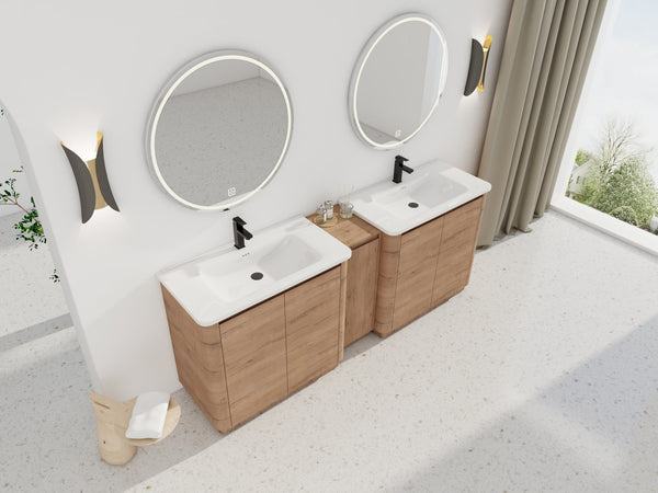 English Elm 84'' Freestanding Double Sink Bathroom Vanity Oak Finish Soft Close Storage Cabinet W999S00516