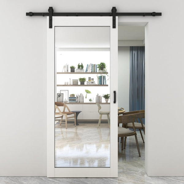 English Elm 30 in Matte Black Steel Sliding Barn Door Frosted Glass Privacy Panel with Hardware White B2763P483226