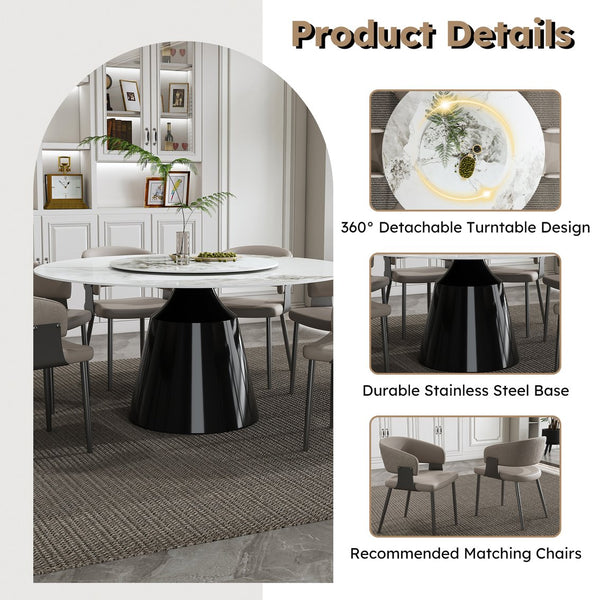 English Elm 59" Round 9-Piece Dining Set - Elegant Faux Marble Table With Rotating Tray & 8 Luxe Pu Leather Chairs W2700S00037