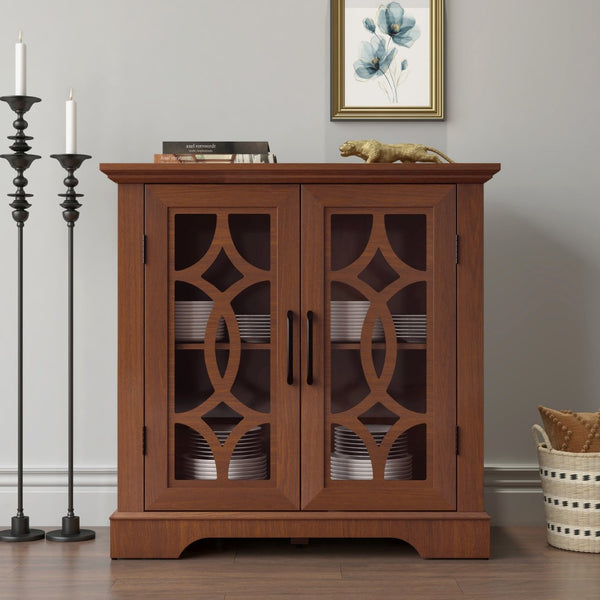 English Elm Elegant Mirrored Sideboard with Butterfly Carved Doors Wood Grain Finish Dining Storage Dark Oak W2899P372743