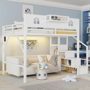English Elm Metal Queen Loft Bed with L Shaped Desk Wardrobe Led Lighting and Usb for Teens White W2593S00057