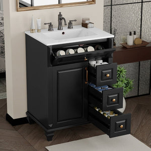 English Elm 24 Inch Freestanding Bathroom Vanity Solid Rubberwood Ceramic Sink Matte Finish Storage Black N725P375626B