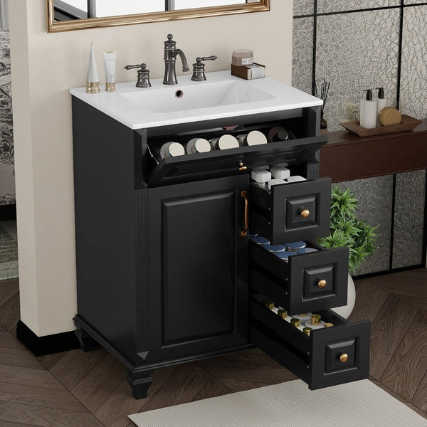 English Elm 24 Inch Freestanding Bathroom Vanity Solid Rubberwood Ceramic Sink Matte Finish Storage Black N725P375626B