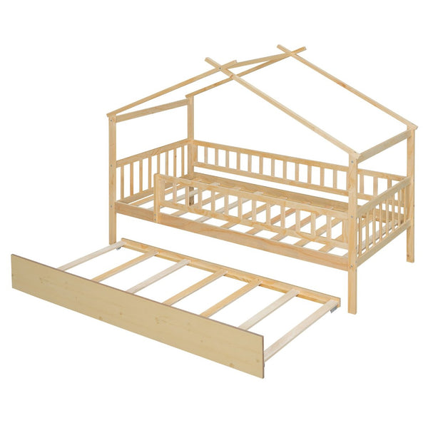 English Elm Twin House Bed with Trundle Solid Pine Frame Walnut Kids Bedroom Sleepover N708P357115N