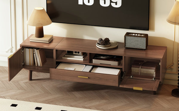 English Elm Wood TV Stand for 75" TVs with Rattan Drawers, Soft-Close Doors, Drop-Down Storage, Waterproof Finish N710P257619P