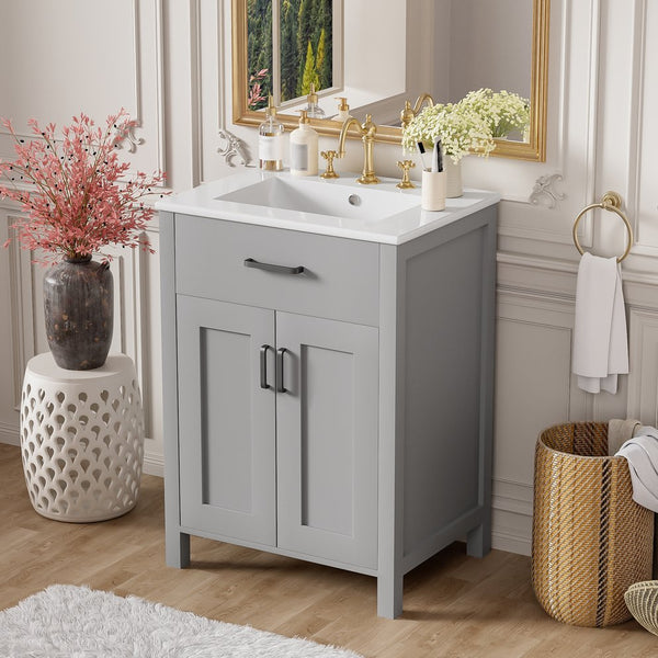 English Elm 24"Bathroom Luxurious Space-Saving Vanity with Ceramic Sink, Solid Wood Frame, Soft-Close Doors and Storage Grey N729P183716E