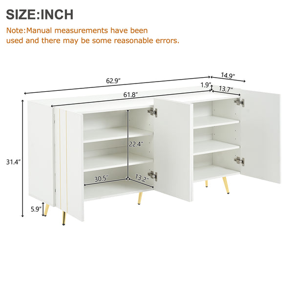 English Elm ON-TREND Luxurious Modern Shoe Cabinet with Gold Accents and 4 Adjustable Shelves for Versatile Storage White N721P191139K
