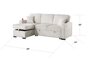 English Elm Convertible Corduroy Sectional Sofa with Reversible Chaise, Hidden Storage, USB Port & Pull-Out Bed Beige 60 L x 30 W x 19 H B011S01244