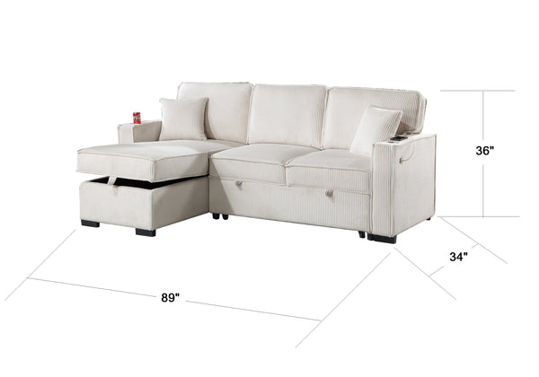 English Elm Convertible Corduroy Sectional Sofa with Reversible Chaise, Hidden Storage, USB Port & Pull-Out Bed Beige 60 L x 30 W x 19 H B011S01244