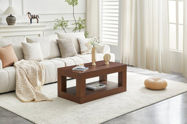 English Elm Modern Two Tier Rectangular Coffee Table with Open Shelf Mdf Frame for Living Rooms W3875P389609