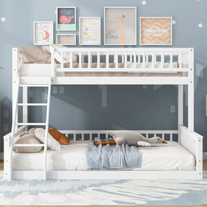 English Elm Twin Twin XL over Queen bunk bed with ladder and guardrails, sturdy pine MDF frame for small rooms White GX000464AAK