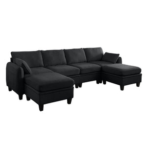 English Elm 102 Inch Linen Modular Sectional Sofa with Hidden Storage and Cloud Cushion Comfort Black W1099S00217