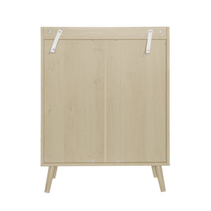 English Elm 2 Door Shoe Rack with Anti-Dump Safety, Pine Feet & Black Rounded Handles, 33.67x16.93x7.68 Inch W688P183853